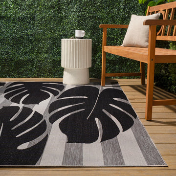 Allison Classic Beach Stripe And Monstera Leaf Indoor/Outdoor Area Rug